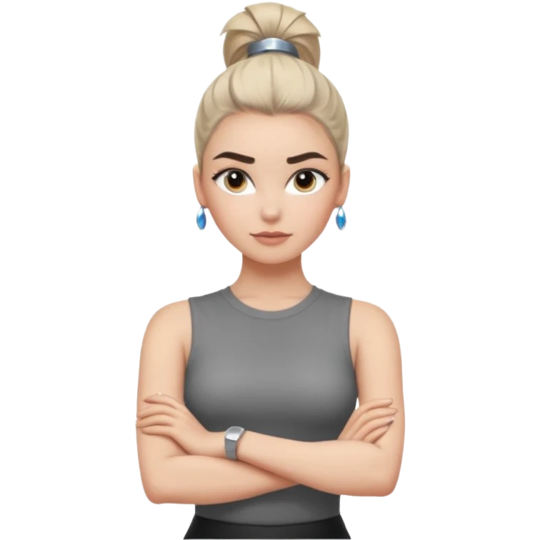 ทำสีตาสีเทาเท่ ๆ มีประกายคม
คิ้วได้รูป มองแล้วดูสตรอง
ผมหางม้าสูง
ลุคสตรีทแฟชั่น
ท่าโพสกอดอก
ฟีล: Girl Boss, cool beauty, minimal but powerful emoji