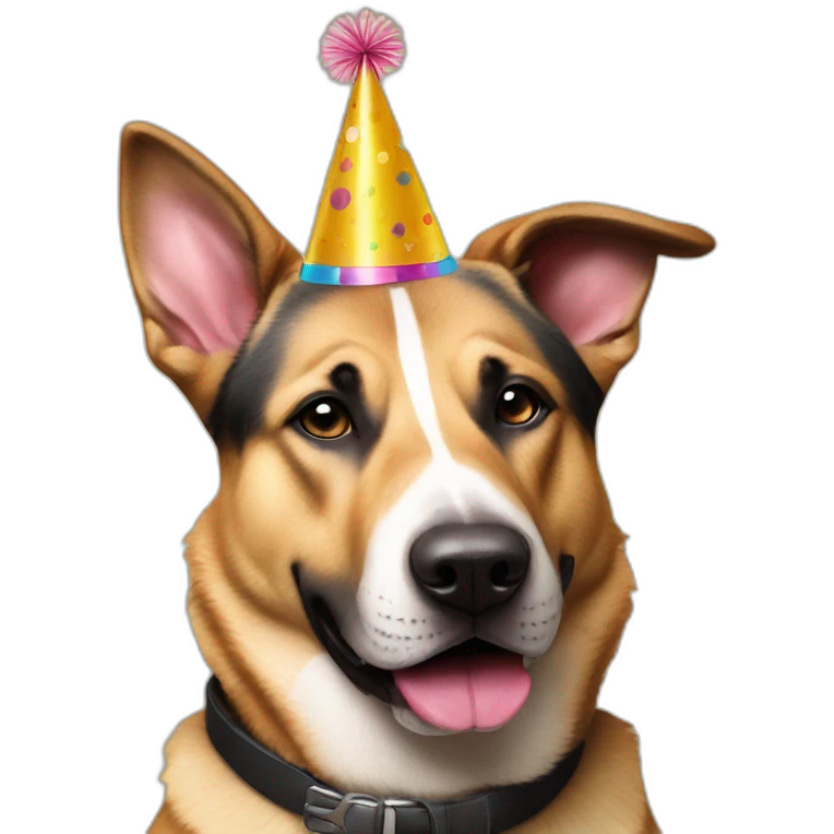 German shepherd Pitt bull mixed breed dog wearing birthday hat emoji