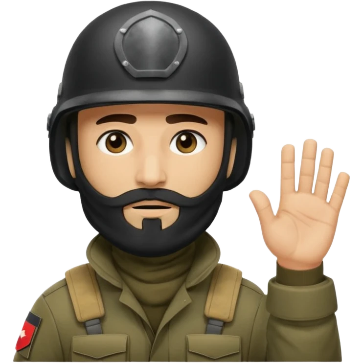 
surrenders, depicts an Iraqi soldier from 1980, with a beard, in a helmet, there are no signs on the helmet, with a balaclava, with sad eyes and raised hands emoji