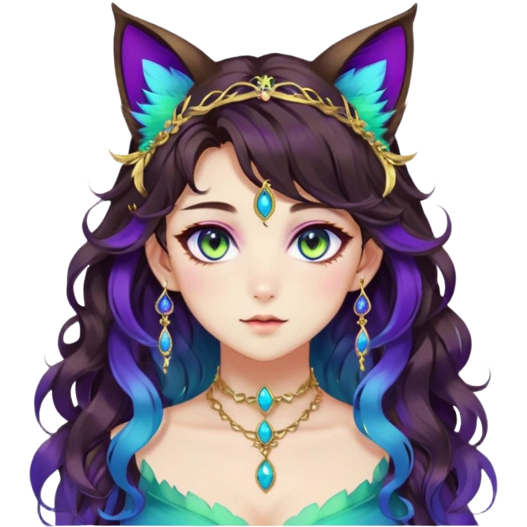 Beautiful gorgeous anime lady with beautiful dark-brown-wavy-special-hair, fashion aesthetic, ethereal, violet feather in hair, accessories, gold jewelries, gold, colorful, feline ears, colorful hazel-green-blue-gradient eyes emoji