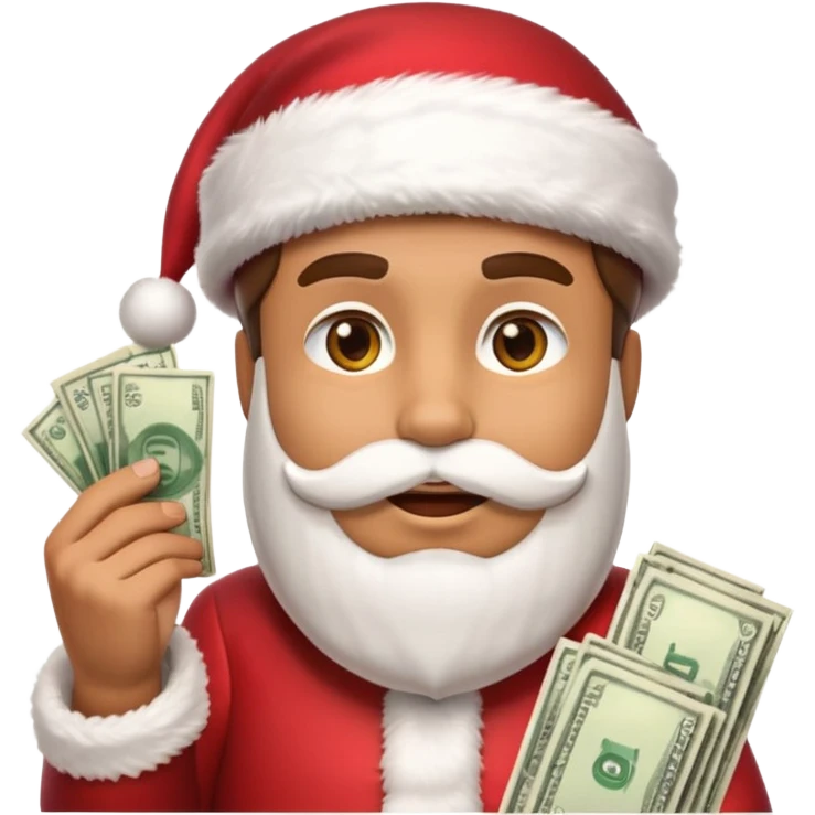 A confident rich emoji face wearing a Santa hat, money stacks, casino vibe, New Year theme, premium 3D emoji style, sharp details, no text, isolated on transparent background emoji