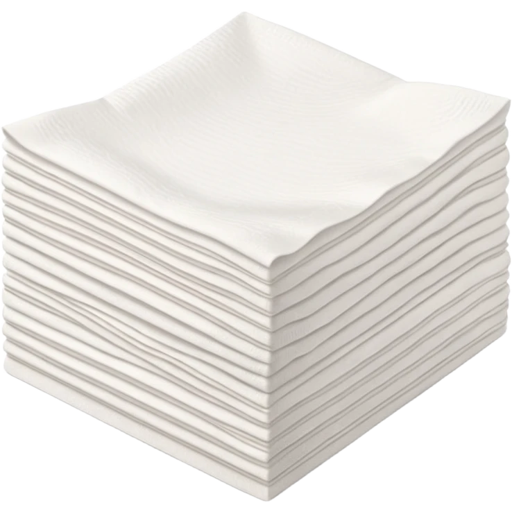 neat stack of soft white paper napkins, square or rectangular, slightly textured edges, faint embossed border, top napkin slightly lifted or curled to suggest flexibility, soft lighting, subtle shadows, emoji scale emoji