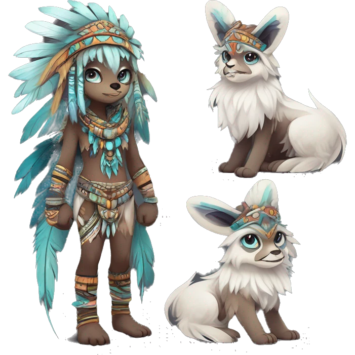 cute cool edgy ethereal l epic tribal fantasy animal fursona Fionbri creature by griffsnuff & LiLaiRa & Falvie with exotic colors with intricate patterns and feathers and headdress and necklace full body emoji