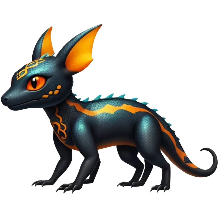Colorful Iridescent Exotic Black and Orange Salandit-Aurorus-Umbreon-Fakémon-hybrid-creature (full body)  emoji