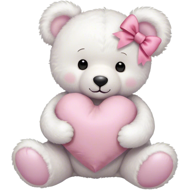 "A fluffy white teddy bear holding a heart-shaped pillow, adorned with a pink bow, dreamy aesthetic."
 emoji