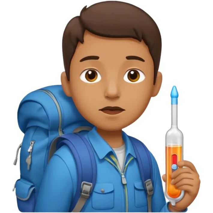 person travelling with backpack and a fever thermometer in there mouth emoji