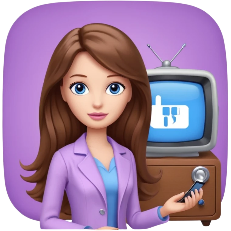 beautiful barbie girl with long brown hair, blue eyes and wearing light purple clothes watching tv show doctor who emoji