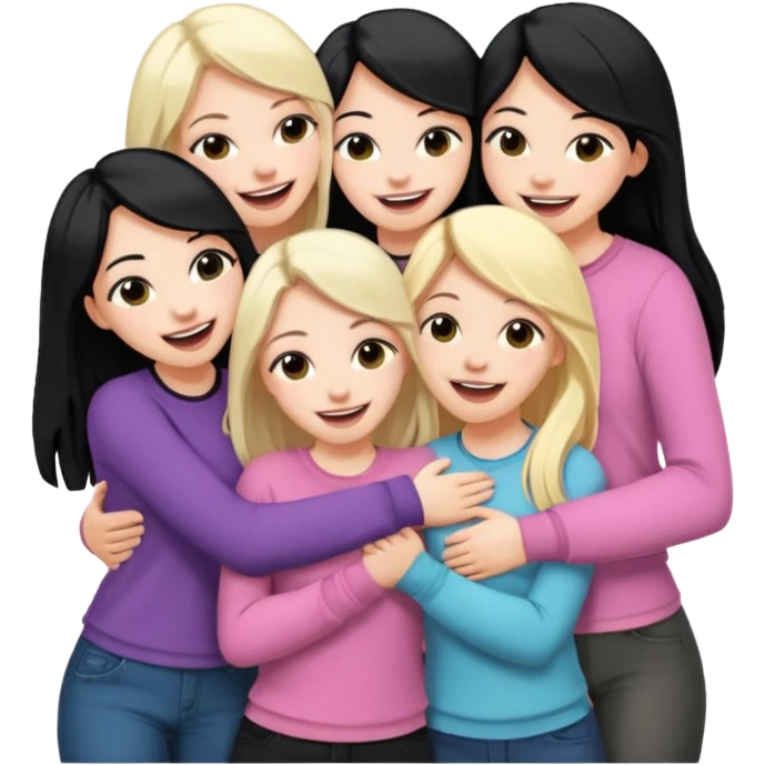 Girlfriend emoji - 5 white girlfriends, two with long dark black hair, one with medium blonde hair, one with long pale pink hair, one with short light blonde hair.  They should be laughing and hugging  emoji