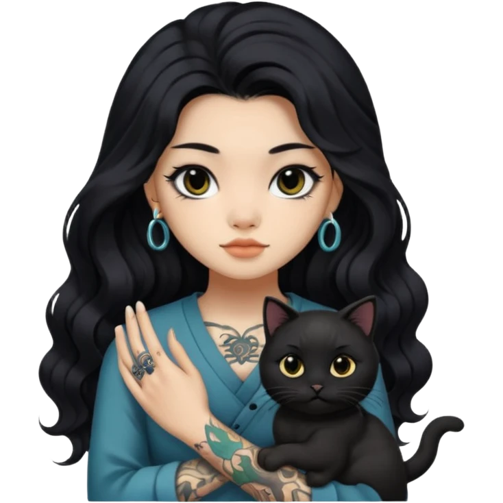 a Chinese girl with long black  Big Wave hair and tattoos and a black round faced cat and black eyes emoji