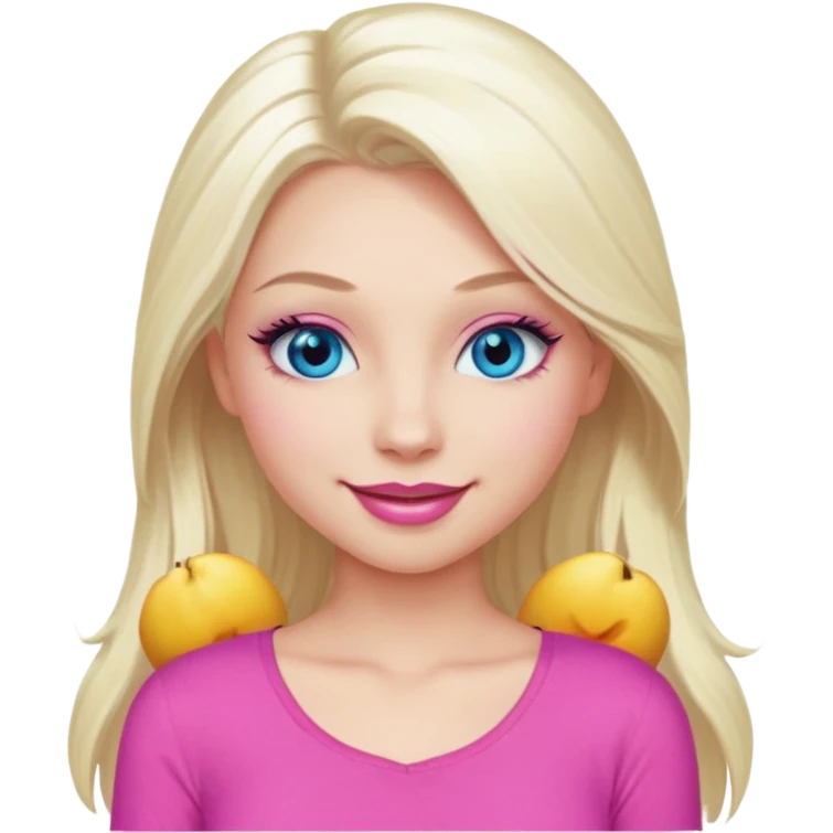 Girl with long platinum blonde hair, blue eyes, long lashes, sexy pink lips, wearing a pink top emoji