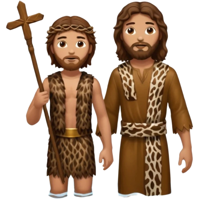 John the Baptist with wavy hair and animal skin outfit, standing in water with Jesus, both wearing clothes emoji