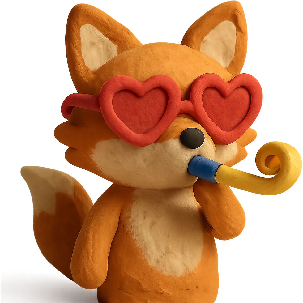 baby fox with heart glasses blowing party horn in claymation style emoji