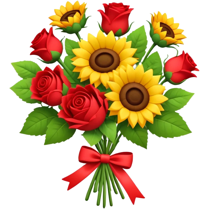 sunflowers and red roses bouquet tied with a bow, soft 3d claymation style, pretty emoji