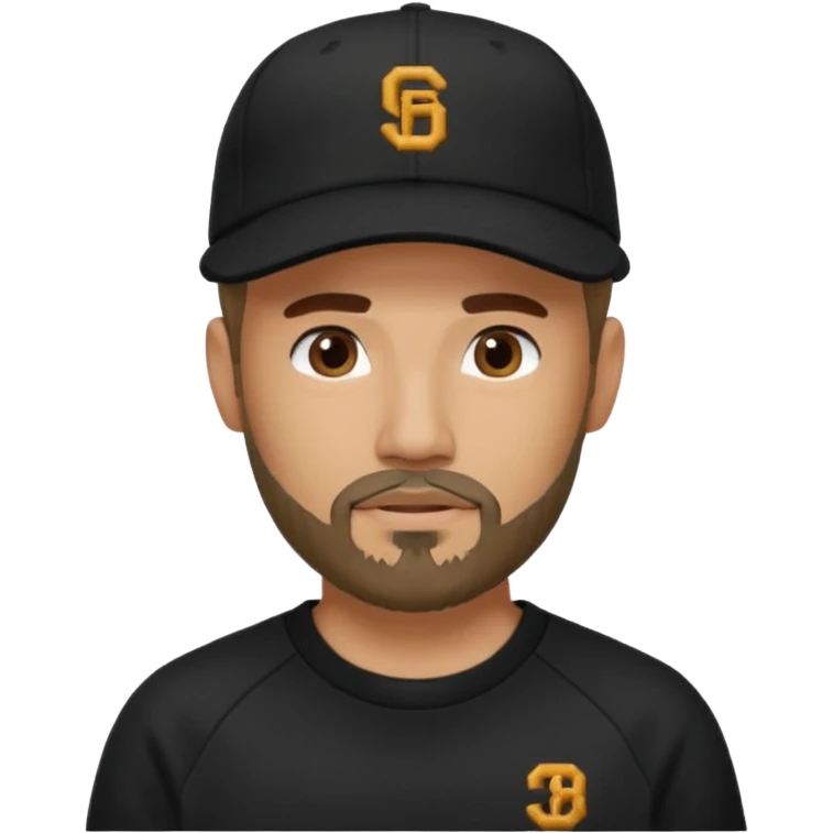 Hombre con la cara blureada, con barba fina y perilla, gorra negra de baseball bordada con un 08, y sudadera negra emoji