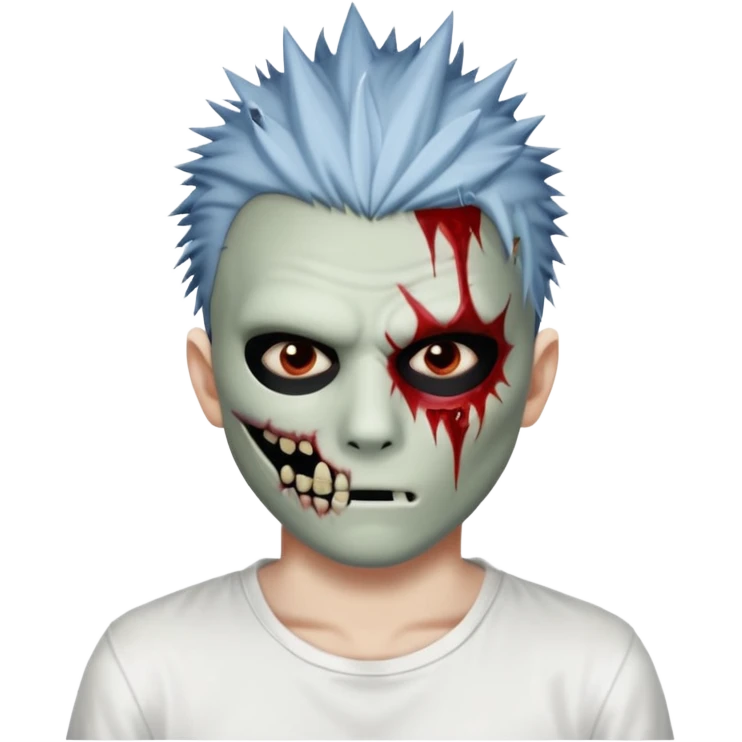 zombie boy with spiky emo hair and white shirt emoji and 

He wears an anonymous mask on half his face and has wounds on the other half. emoji