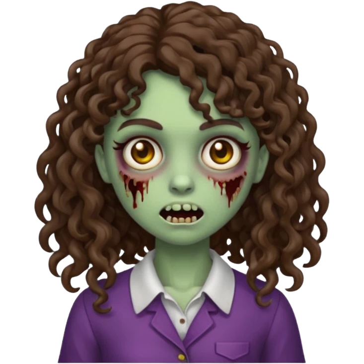 Emoji garota zombie com cabelo castanho escuro cacheado longo com franja cacheada sem volume emoji
