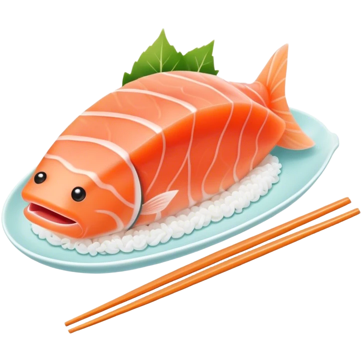 Cute Kawaii Sashimi Slice, delicate and fresh, bright orange salmon with soft pastel textures, an adorable happy face, tiny chopsticks lifting it, gentle glowing highlights! emoji