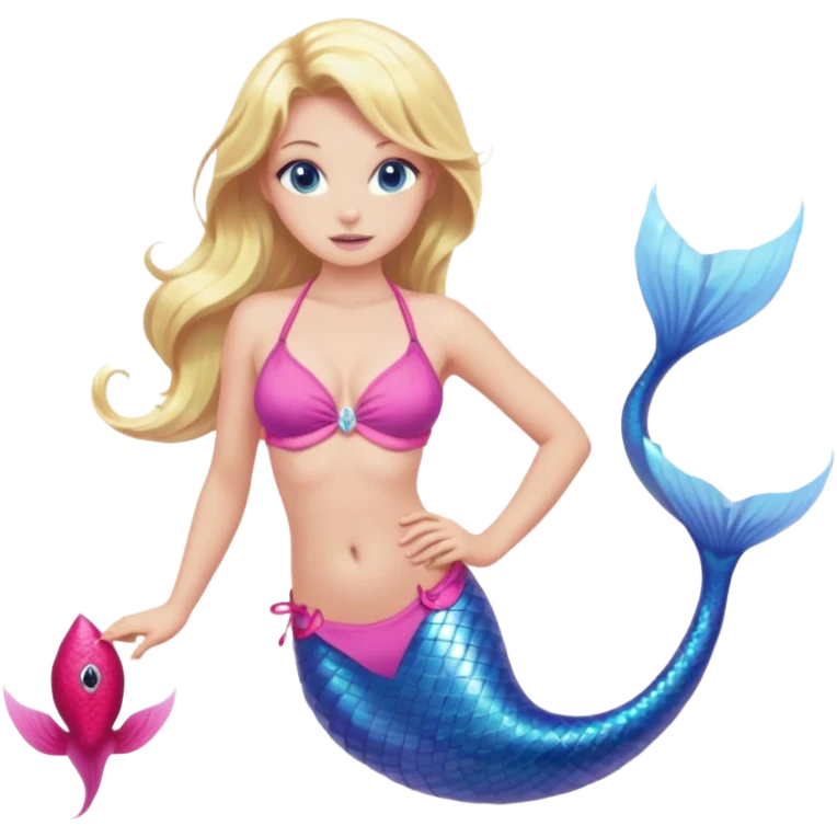 mermaid woman with blonde hair and blue eyes pink bikini top and pink tail emoji