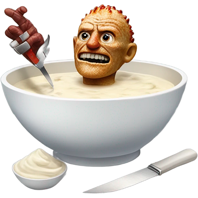 Chicken with white sauce in a bow with buttons and Freddy from nightmare on elm street  emoji