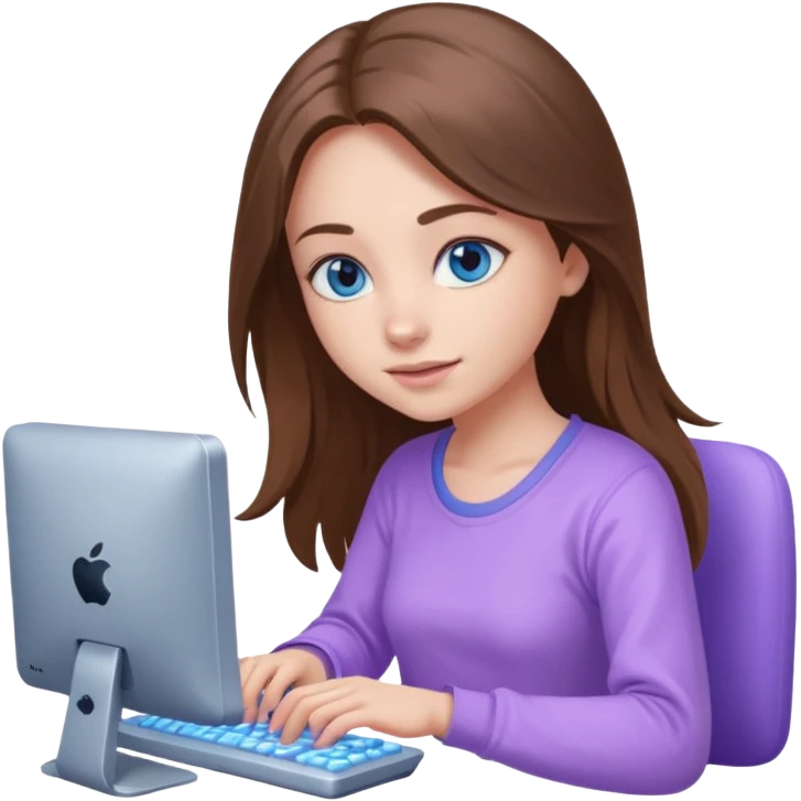 beautiful girl with long brown hair, blue eyes and wearing light purple clothes playing computer games emoji