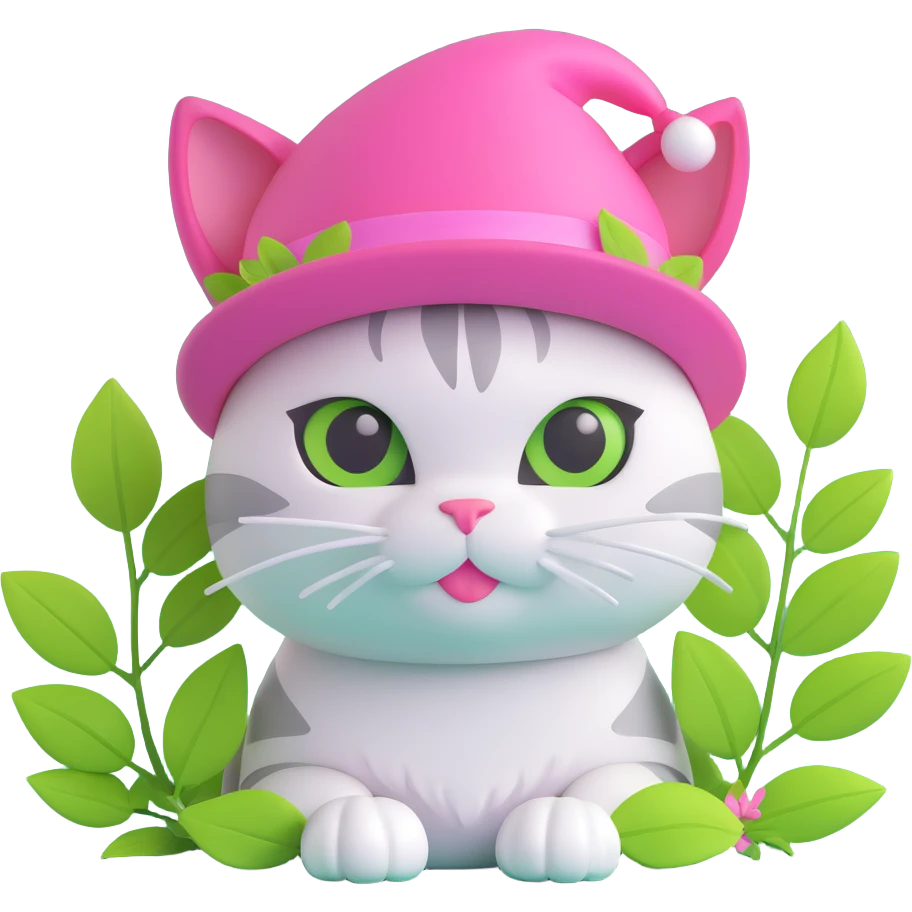 A cat with a pink hat and green leaves, light pink background emoji