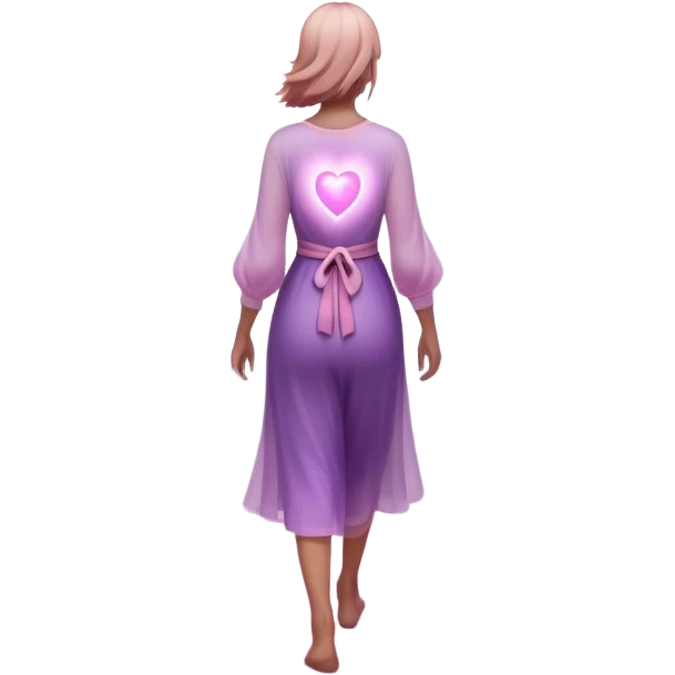 A small figure walks back across a foggy bridge, holding soft pink and purple orbs in each hand—symbolizing compassion and forgiveness. A gentle heart aura trails behind them, showing healing in motion. emoji