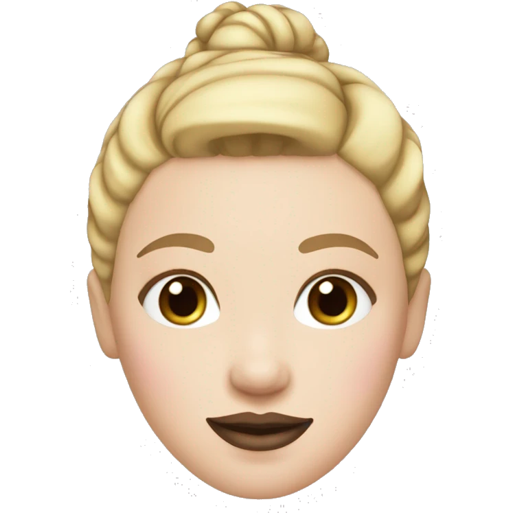 a woman with freckles, blue eyes, light skin, blonde hair with a bun, pink lips. black clothes. emoji