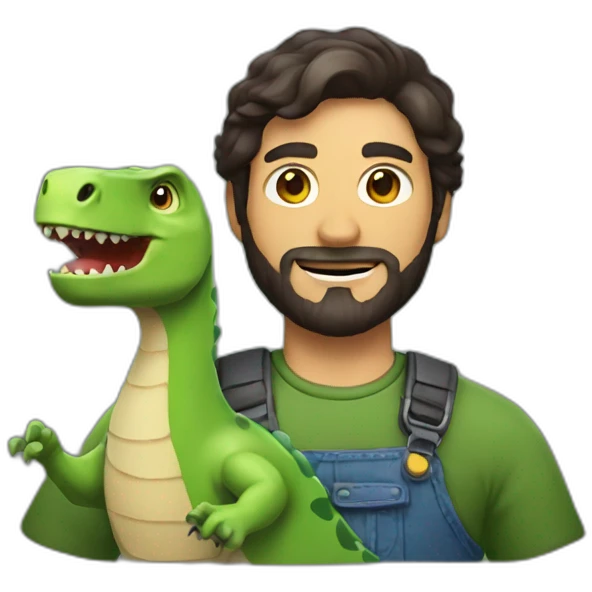 A man with dark hair and a beard, holding a dinosaur emoji