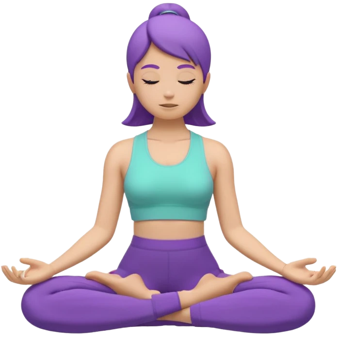 Modern premium 3D emoji icon: faceless gender-neutral person meditating (cross-legged) in sporty activewear, smooth rounded shapes, matte + subtle gloss, top-left studio light, soft shadow, faint halo aura. Purple outfit with a mint (or warm peach) accent. Centered, transparent background, no tex emoji