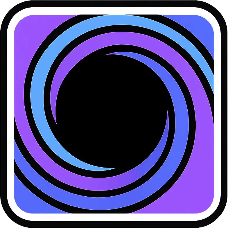 square resembling miniature black hole, dark center, swirling bright purple and blue edge, white neon glow border emoji