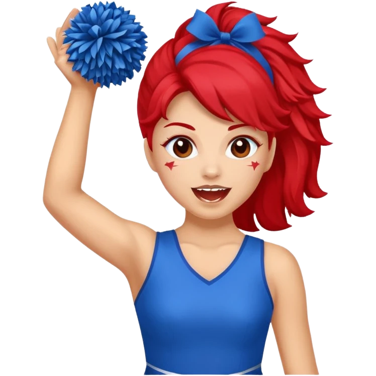 football cheerleader, holding a cheering pom, blue dress and red skin emoji