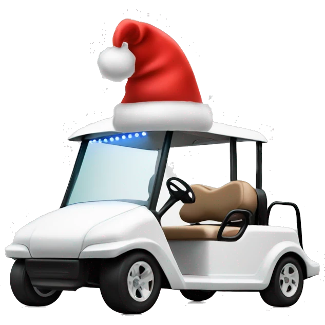 Golf cart white with string holiday lights and Santa hat on top emoji
