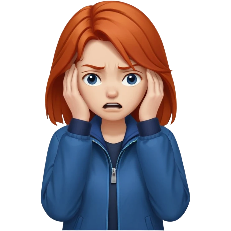Redhead girl with mid length hair in blue jacket angry facepalm emoji