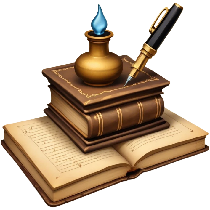 Create a vibrant emoji representing prose writing with an old-style, antique look. The design should include semi-turned pages of an old book with unfinished prose written on them. Add a vintage ink inkwell and a classic fountain pen or quill with black ink. Use warm, earthy tones like deep browns, golds, and creams for the book and ink bottle, with subtle ink splatters for an artistic touch. The overall style should evoke a sense of timeless storytelling and literary craftsmanship. Make the background transparent. emoji
