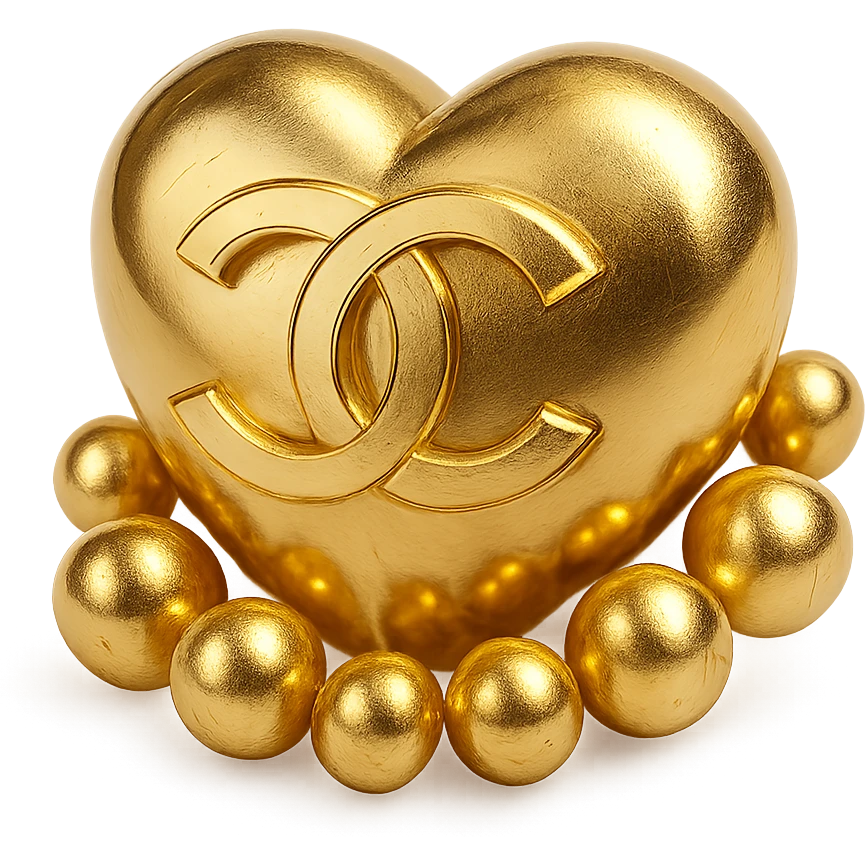 Chanel heart in metallic gold, surrounded by pearls, featuring interlocking C's, refined and timeless emoji