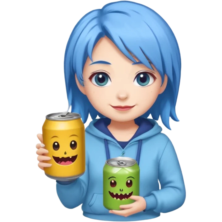Chibi sticker of a woman with powder blue hair with white eyes hold a can of Monster with a smug smile; cozy style emoji