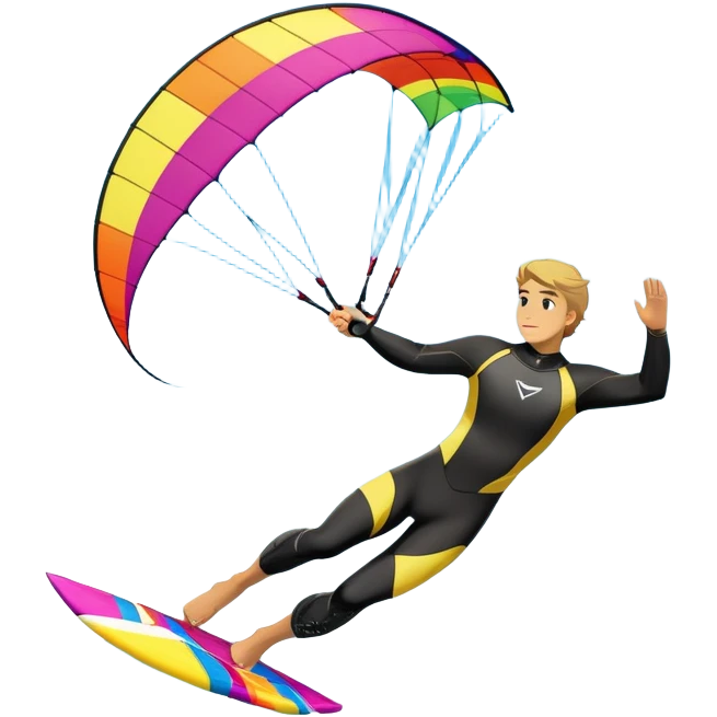 A kite surfer gliding across the water with a colorful kite soaring in the wind. The scene captures the excitement and fluid movement of the sport, with waves splashing around and a clear sky, emphasizing freedom and adventure. emoji