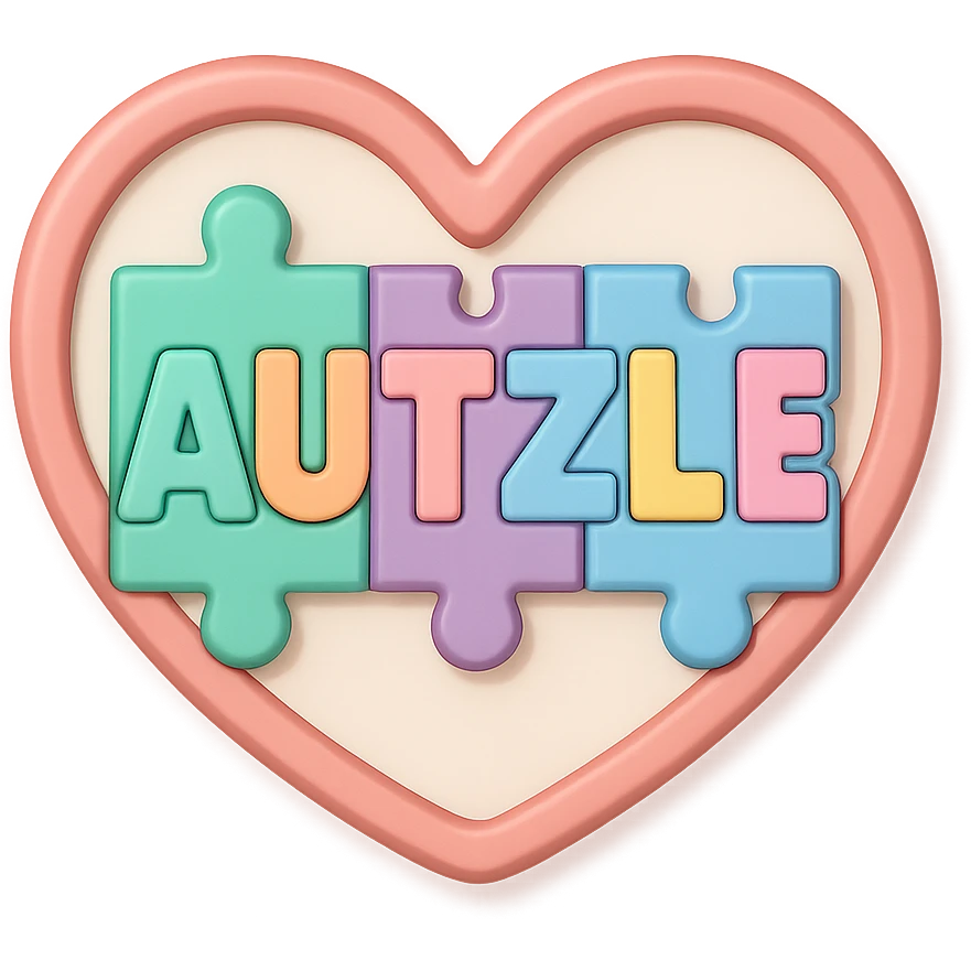 Modern, playful logo: 'AUTZLE' spelled in puzzle-piece letters, each in a different bright pastel shade mint, peach, lavender, light blue, soft yellow, pink. The word is enclosed in a smooth, soft-curved heart shape, subtly framing the letters to symbolize love and support for the autism community. Clean, vibrant, and warm look with soft lighting, subtle 3D shadows, and a transparent or white background. emoji