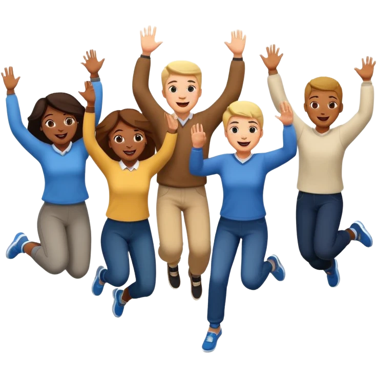 group of happy adult students, some jumping, cheerful, diverse, classroom background emoji