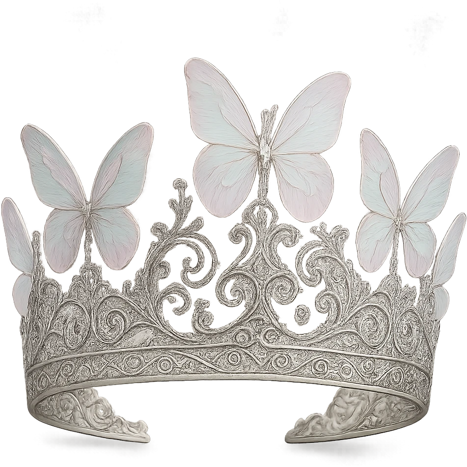 a butterfly crown in silver, with intricate filigree and translucent pastel butterfly wings emoji