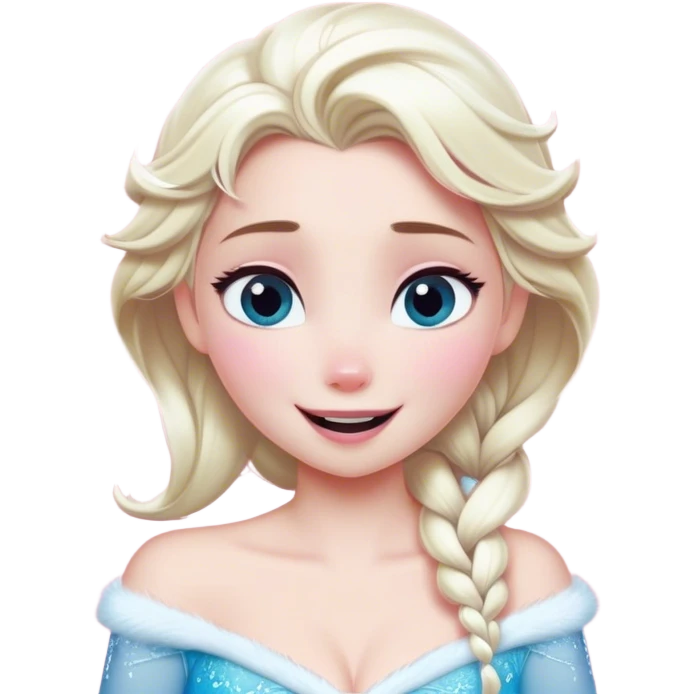 Cinematic Adorable Elsa Portrait Emoji, Giggling as tiny snowflakes swirl around her, cheeks flushed pink from the cold, eyes twinkling with warmth, a heart-melting mix of beauty and playfulness! emoji