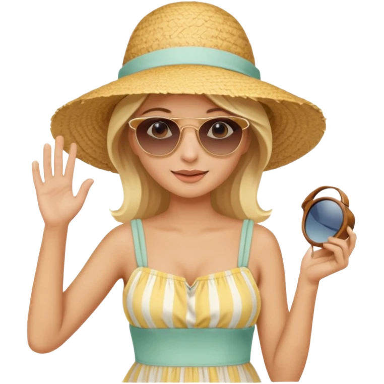 
blonde in light big beach elegant hat holds hat and with second hand holds sunglasses on face emoji
