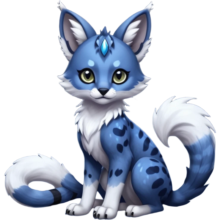 Cute kawaii cool edgy badass  glossy midnight-blue fur with silver starlight dusting fantasy-caracal-civet-genet-sergal-vernid-Gryphon-Cacomistle-Trico-oncilla-animal-Fakémon-hybrid-fursona (full body), facial markings, (realism style) emoji