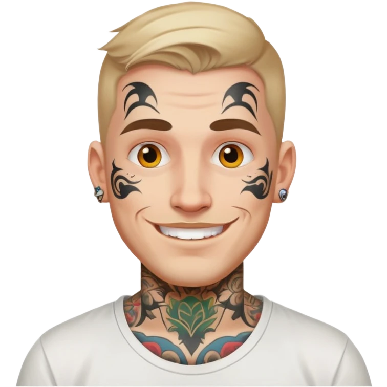 white man with bold face tattoo, happy face, wearing a white t-shirt emoji