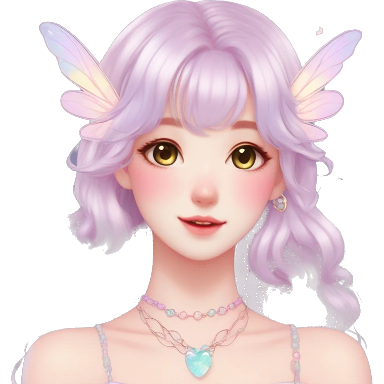 Gorgeous pastel anime style lady with blushing face and fairy wings necklace cottagecore fairycore pastelcore colorful pearly romantic simplistic aesthetic trending style emoji