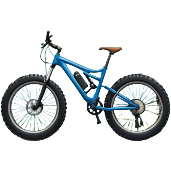 An icon featuring a forest trail or rocky mountain road. The background shows dense trees, steep slopes, and distant peaks under a clear blue sky with mountain bike with wide tires, positioned on  Transparent background highlights the thrill and rugged beauty of mountain biking. emoji