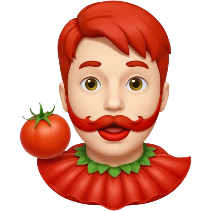 funny theater actor character who ate tomatoes, tomato sauce around mouth, dramatic expression, stage costume collar, 3D cartoon, mobile game icon style, clean background, no text, no watermark
 emoji