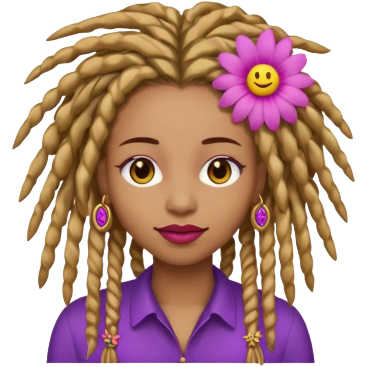 Gold dread locs pink emoji face purple flower in the hair red lipstick light brown face  just the face  emoji