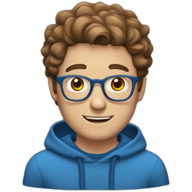 white man with brown hair and hazel eyes and glasses wearing blue hoodie feeling excited emoji