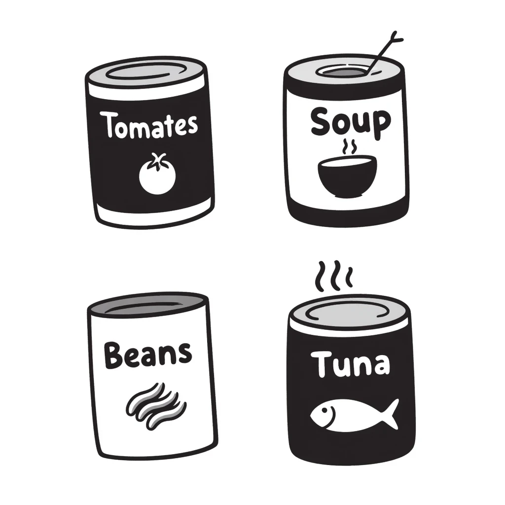 Four hand-drawn canned food items, showing different types of canned goods emoji